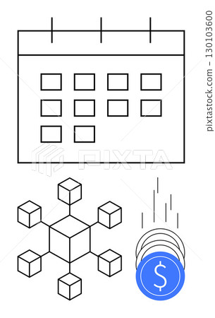 Calendar with date grid, decentralized network of connected cubes, and falling currency coins. Ideal for planning, blockchain, finance, money transaction, investment, scheduling and budgeting Calendar with date grid, decentralized network of connected cubes, and falling currency coins. Ideal for planning, blockchain, finance, money transaction, investment, scheduling and budgeting 130103600