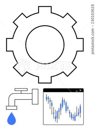 Gear symbolizing industrial mechanisms beside water tap with blue drop and fluctuating financial graph. Ideal for engineering, maintenance, water management, finance, industrial processes 130103628