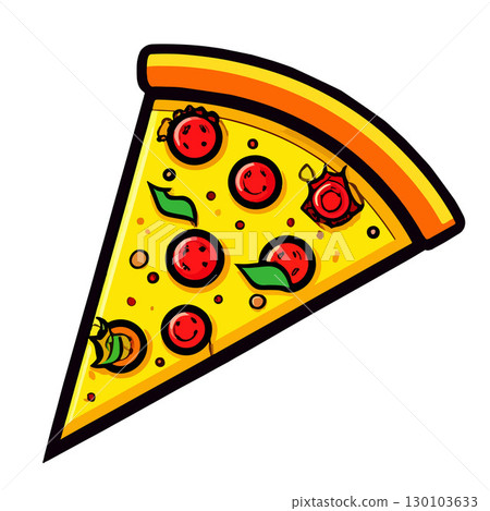 Tasty slice of cheese pizza topped with pepperoni and vegetables 130103633
