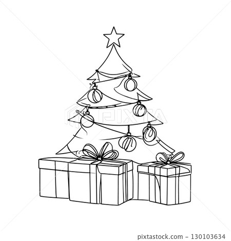 Outline of a Christmas tree decorated with ornaments and gifts for a festive celebration 130103634