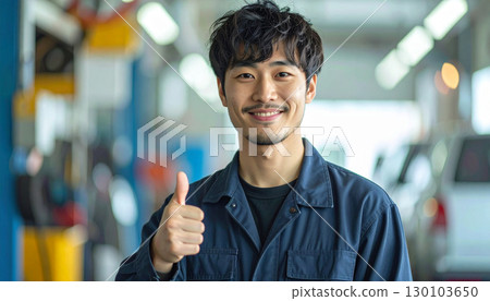 一位年輕男機械師微笑的肖像，顯示出好的跡象 130103650