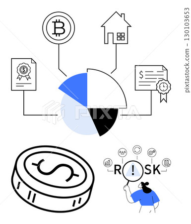 Pie chart with sections for cryptocurrency, real estate, and certificates. Large dollar coin illustration and a person analyzing risk with magnifying glass. Ideal for financial planning, investment Pie chart with sections for cryptocurrency, real estate, and certificates. Large dollar coin illustration and a person analyzing risk with magnifying glass. Ideal for financial planning, investment 130103653