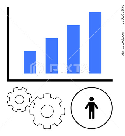 Bar chart depicting upward trend with blue bars, two gears, and human symbol. Ideal for business growth, performance, teamwork, development, strategy progress and productivity themes. Line metaphor Bar chart depicting upward trend with blue bars, two gears, and human symbol. Ideal for business growth, performance, teamwork, development, strategy progress and productivity themes. Line metaphor 130103656