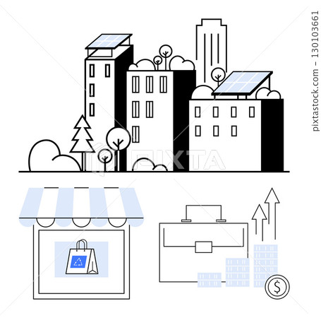 Skyscrapers with solar panels, small storefront with shopping bag, briefcase with currency stacks and growth arrows. Ideal for green energy, urban planning, e-commerce, investment, eco-friendly 130103661