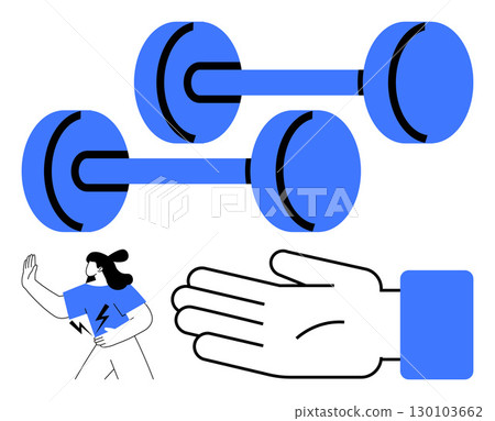 Dumbbells, running person, and a hand gesture illustrating fitness, exercise, motivation, strength, and health. Ideal for fitness, exercise motivation health strength active lifestyle sports 130103662