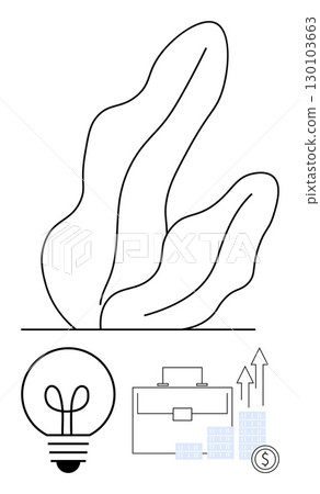 Plant symbolizing growth, lightbulb for innovation, briefcase for business, financial elements and upward arrows for success. Ideal for entrepreneurship, startups, finance, business strategy 130103663