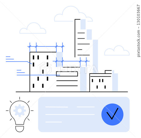 City buildings under construction with cranes, gears inside a lightbulb representing innovation, and a check mark indicating completion. Ideal for project planning, architecture, construction 130103667