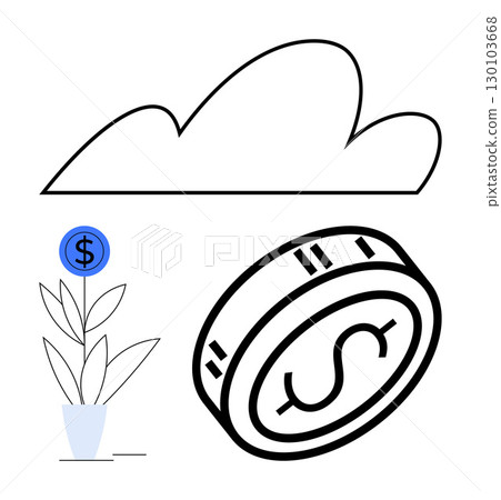 Cloud symbol above floating coin with dollar sign, and plant with dollar-sign flower in pot. Ideal for fintech innovations, economic growth, digital currency, cloud services, business investments 130103668
