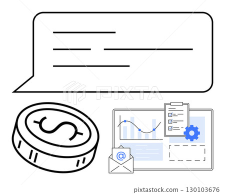 Message bubble with text lines, dollar coin, data charts with a checklist on a clipboard, and an envelope with email symbol. Ideal for finance, communication, business analytics, email marketing Message bubble with text lines, dollar coin, data charts with a checklist on a clipboard, and an envelope with email symbol. Ideal for finance, communication, business analytics, email marketing 130103676