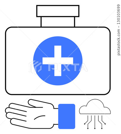 First aid kit with cross, hand and cloud computing icons. Ideal for telehealth, healthcare technology, medical innovation, digital health, future medicine, emergency response remote care. Line First aid kit with cross, hand and cloud computing icons. Ideal for telehealth, healthcare technology, medical innovation, digital health, future medicine, emergency response remote care. Line 130103699