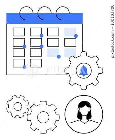 Calendar with blue highlights, marked dates, and scheduling icons beside gear icons and a profile. Ideal for task planning, project management, scheduling, team planning, productivity, organization Calendar with blue highlights, marked dates, and scheduling icons beside gear icons and a profile. Ideal for task planning, project management, scheduling, team planning, productivity, organization 130103700