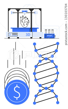 3D printer creating a heart, DNA double helix structure, falling coins representing financial investment. Ideal for biotechnology, medical research, healthcare innovation, genetic engineering, 3D 3D printer creating a heart, DNA double helix structure, falling coins representing financial investment. Ideal for biotechnology, medical research, healthcare innovation, genetic engineering, 3D 130103704
