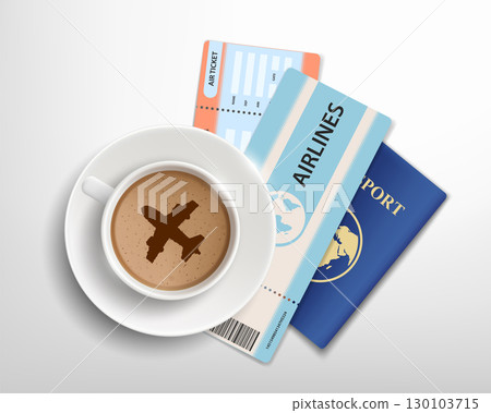 Airline tickets with passport near cup of coffee Airline tickets with passport near cup of coffee 130103715