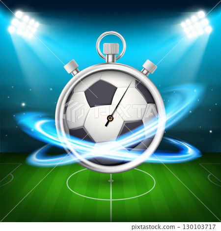 Sports stopwatch with soccer ball on stadium 130103717
