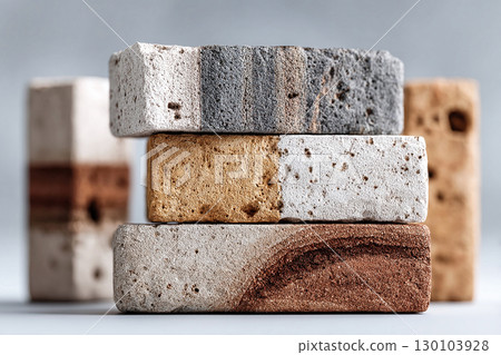 Housing. Stacked bricks with a trowel and mortar. Close-up. Textured and ready for construction. 130103928