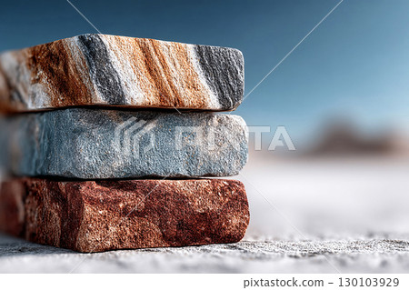 Assortment of bricks. Stacked bricks with a trowel and mortar. Close-up. Textured and ready for construction. 130103929