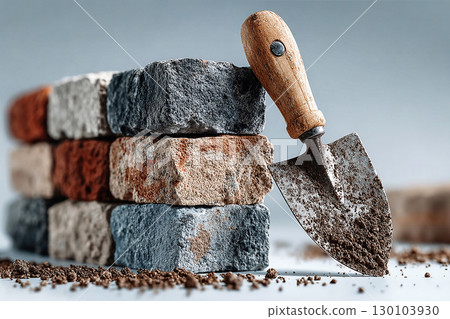 Pile of bricks. Stacked bricks with a trowel and mortar. Close-up. Textured and ready for construction. 130103930