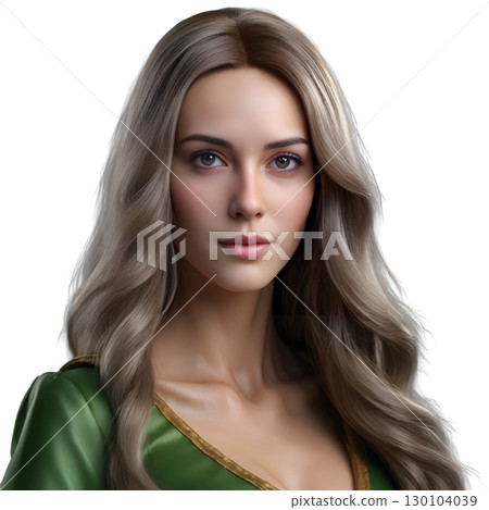 有著金色長波浪發的漂亮模特兒的半身照（透明背景） 130104039