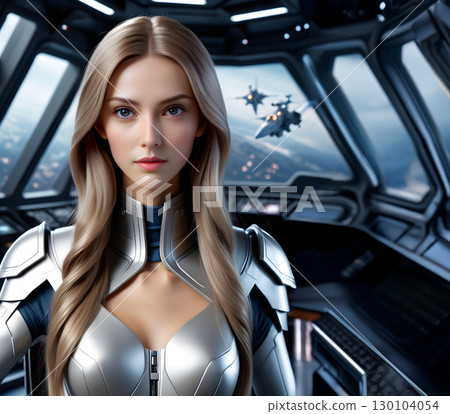 A beautiful blonde operator who controls aircraft from the battle command center of a mother ship traveling through the atmosphere. 130104054