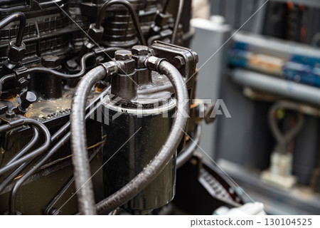 Hydraulic system of industrial construction equipment. Selective focus. 130104525