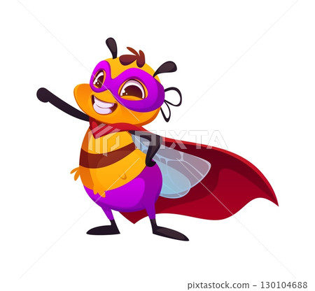 Cartoon honey bee superhero character standing in mask and cape, smiling happily with raised fist. Cheerful vector insect personage ready to protect apiary, represents bravery, strength and adventures Cartoon honey bee superhero character standing in mask and cape, smiling happily with raised fist. Cheerful vector insect personage ready to protect apiary, represents bravery, strength and adventures 130104688