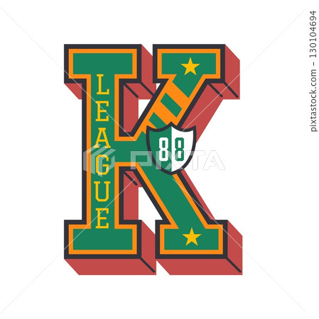Varsity sport patch for players team club or college league label, vector badge. Varsity sport patch of letter K with stars and year on shield for rugby, basketball and baseball players team patch 130104694