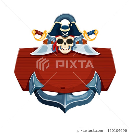 Caribbean pirates game, skull in corsair captain tricorne hat and anchor, vector cartoon icon. Caribbean pirates adventure game skeleton skull in bandana with crossed saber swords on wooden sign board 130104696