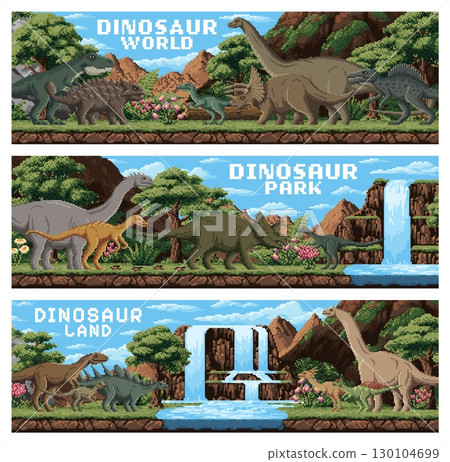 8 bit pixel art dinosaurs prehistoric landscape banners. Vector dino park reptiles in nature landscape. Retro video game scenes with herbivore and carnivore ancient creatures in Jurassic environment 130104699