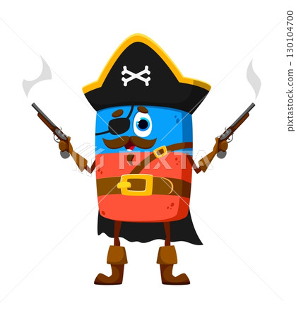 Cartoon eraser education school stationery pirate and corsair crew character with pistols. Isolated vector student tool personage in tricorn hat ready to embark on a playful adventure on the high seas 130104700