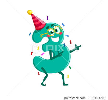 Cartoon funny math number three character birthday holiday party celebration with expressive eyes and big smile. Isolated vector teal digit 3 personage in festive hat, dancing under falling confetti Cartoon funny math number three character birthday holiday party celebration with expressive eyes and big smile. Isolated vector teal digit 3 personage in festive hat, dancing under falling confetti 130104703