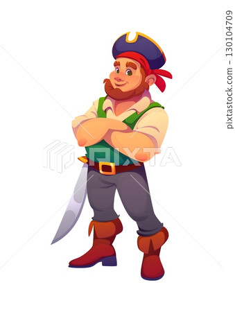 Cartoon medieval pirate and corsair character with sabre. Isolated vector bearded sailor or captain personage smiling, wearing tricorn hat and bandana, standing with crossed arms and gleaming sword Cartoon medieval pirate and corsair character with sabre. Isolated vector bearded sailor or captain personage smiling, wearing tricorn hat and bandana, standing with crossed arms and gleaming sword 130104709