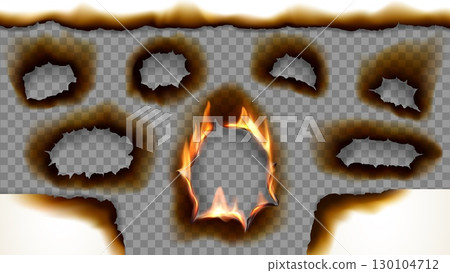 Realistic paper fire burn edges and hole with scorched borders and glowing fire flames effects. 3d vector gaps with burning blazing tongues on sheet. Torn and ripped frames isolated layouts set 130104712