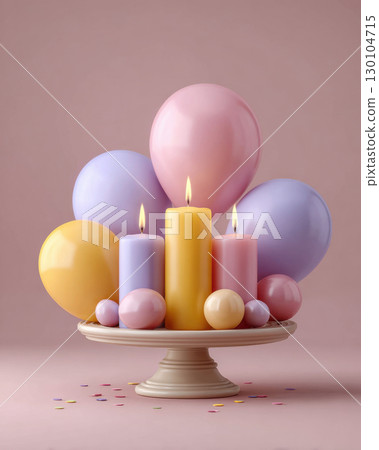 Festive arrangement of pastel balloons and candles on cake stand creates warm and joyful Kwanzaa setting for children 130104715