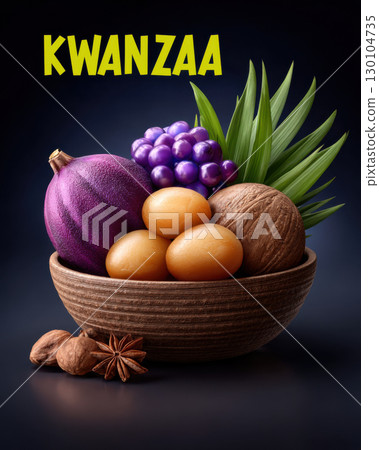 Festive arrangement of fruits and nuts wooden bowl symbolizes Kwanzaa for children, promoting cultural celebration and unity 130104735