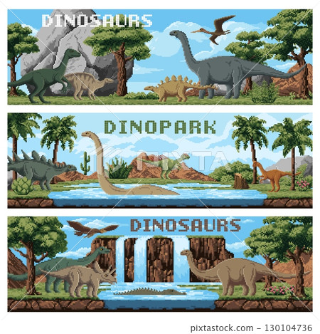 8 bit pixel art dino park banners and prehistoric dinosaur reptiles in nature landscape. Vector retro 8bit video game or park with brontosaurus, stegosaurus, triceratops, pterodactyl and crocodile 130104736