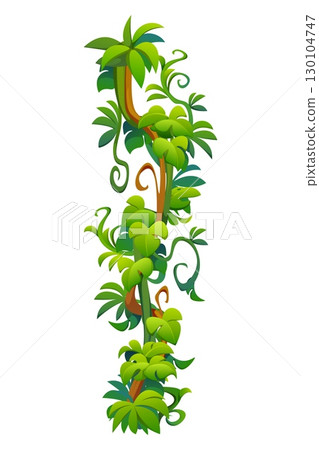 Vertical tropical jungle rain forest liana vine branch wrapped in lush green leaves and twisting tendrils. Cartoon vector hanging roots for game environments, tropical or exotic adventure landscapes 130104747