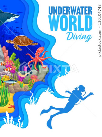 Diver silhouette at underwater landscape, paper cut banner. Ocean and sea world with fish, shark, coral reefs, and various marine creatures, providing breathtaking and immersive experience for diving 130104748