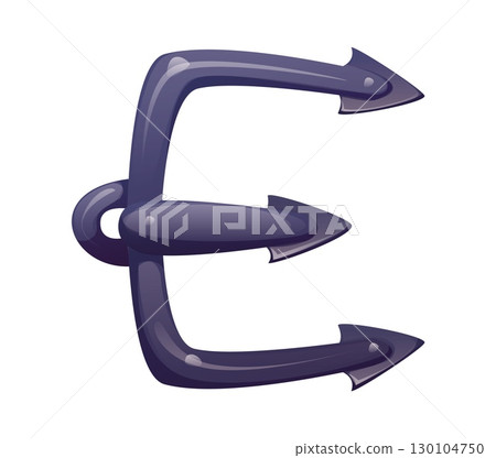Cartoon Caribbean pirates font or corsairs typeface letter E, vector trident weapon. Pirate font of grappling hook or corsair harpoon gaff, marine battle weapon or sailing combat weaponry for typeface Cartoon Caribbean pirates font or corsairs typeface letter E, vector trident weapon. Pirate font of grappling hook or corsair harpoon gaff, marine battle weapon or sailing combat weaponry for typeface 130104750