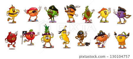 Cartoon groovy pirate and corsair fruit characters in black hats, bandanas and eye patches. Retro hippie pirate berry vector personages of cute mango, apple, peach and plum, groovy kiwi and lemon 130104757