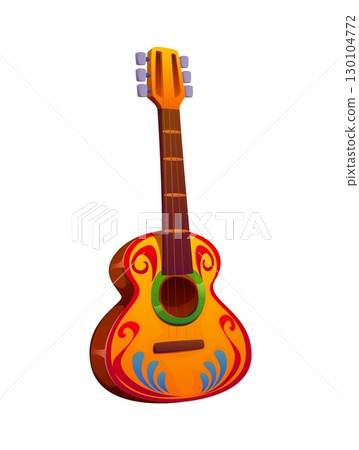 Brazil carnival party acoustic guitar. Cartoon vector stringed musical instrument with a warm wooden texture, red and blue ornamental patterns, traditional guitarron for Latin American flamenco music Brazil carnival party acoustic guitar. Cartoon vector stringed musical instrument with a warm wooden texture, red and blue ornamental patterns, traditional guitarron for Latin American flamenco music 130104772