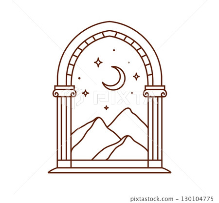 Mystic boho arch, magic bohemian doorway framing a serene mountain landscape under a crescent moon and stars. Elegant vector arc window evokes calm, wonder, timeless beauty and spiritual bohemian vibe Mystic boho arch, magic bohemian doorway framing a serene mountain landscape under a crescent moon and stars. Elegant vector arc window evokes calm, wonder, timeless beauty and spiritual bohemian vibe 130104775