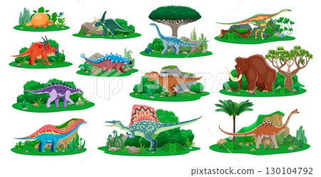 Prehistoric dinosaurs and jurassic reptiles cartoon characters. Vector dino animals and prehistoric forest trees. Cartoon cute tyrannosaurus, mammoth, spinosaurus, ankylosaurus and euhelopus dinosaurs 130104792