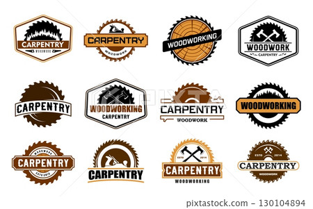 Carpentry woodwork vector icons of construction and timber industry. Carpenter work tools with wooden log cuts and saw blades isolated brown badges set. Carpentry saw, axe, and jack plane emblems 130104894