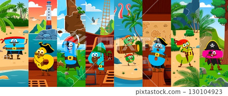 Cartoon funny math number pirate corsair characters collage. Vector fun and educational scenes for kids with colorful digits dressed as swashbucklers explore tropical islands, treasure maps, and ships 130104923