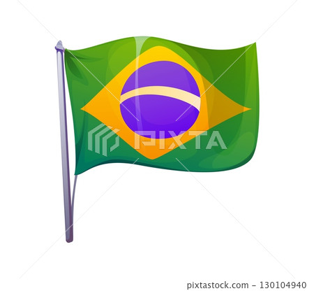 Cartoon Brazilian flag waving on pole, featuring green, yellow and purple colors. Isolated vector Brazil item for representation of national pride, carnival party, sports events, cultural celebrations Cartoon Brazilian flag waving on pole, featuring green, yellow and purple colors. Isolated vector Brazil item for representation of national pride, carnival party, sports events, cultural celebrations 130104940