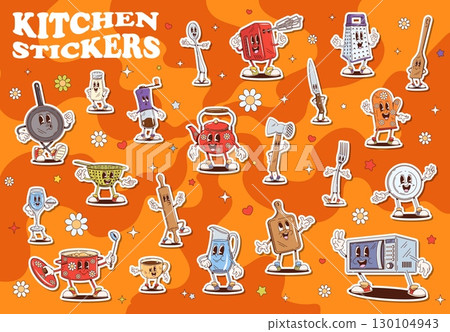 Groovy kitchenware, dishware and utensil characters stickers pack. Vector set of cartoon appliances and cutlery. Spoon, fork, knife, plate, pot and pan, microwave, mixer or grater, kettle and whisk Groovy kitchenware, dishware and utensil characters stickers pack. Vector set of cartoon appliances and cutlery. Spoon, fork, knife, plate, pot and pan, microwave, mixer or grater, kettle and whisk 130104943