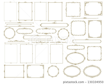 Antique decor frame and border, vintage royal floral ornament pattern. Vector set of refined ornamental frames and dividers. Rectangular, oval, square, round shapes with floral and baroque flourishes 130104950