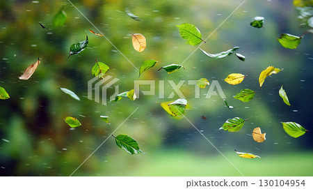 Floating autumn leaves flying on wind 130104954