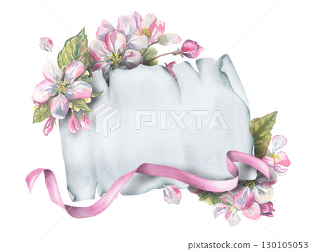 Romantic floral template with apple blossoms, a twisted sheet of paper and flowing ribbon, soft hand-painted watercolor illustration, ideal for greeting cards, invitations, and elegant text decoration Romantic floral template with apple blossoms, a twisted sheet of paper and flowing ribbon, soft hand-painted watercolor illustration, ideal for greeting cards, invitations, and elegant text decoration 130105053