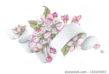 Decorative composition with apple flowers and white ribbon scroll for text, detailed hand-painted watercolor illustration, perfect for romantic cards, lettering backgrounds, and elegant design. 130105055